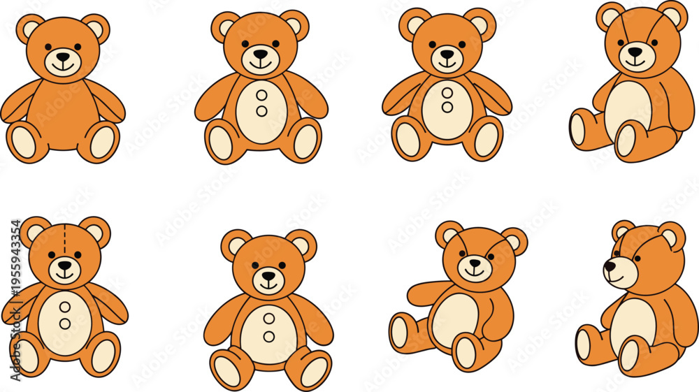 Obraz premium Cute Teddy Bear Cartoon Character Set with Different Sitting Poses and Expressions, Adorable Plush Toy Illustration Collection for Kids, Stickers, Nursery, and Baby Designs
