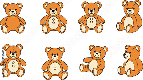 Cute Teddy Bear Cartoon Character Set with Different Sitting Poses and Expressions, Adorable Plush Toy Illustration Collection for Kids, Stickers, Nursery, and Baby Designs