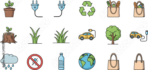 Eco Friendly Icon Set with Recycling Symbol, Electric Car, Plants, and Sustainable Lifestyle Elements for Environmental Protection and Green Energy Design
