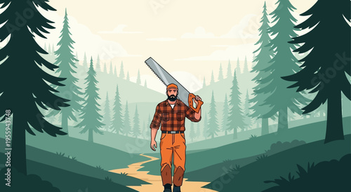 Lumberjack walking on forest path with chainsaw illustration