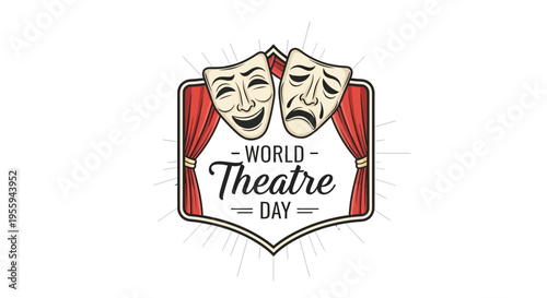 Vector illustration of comedy and tragedy masks on a shield with 'World Theatre Day' text, surrounded by red curtains and sunburst lines on a white background.