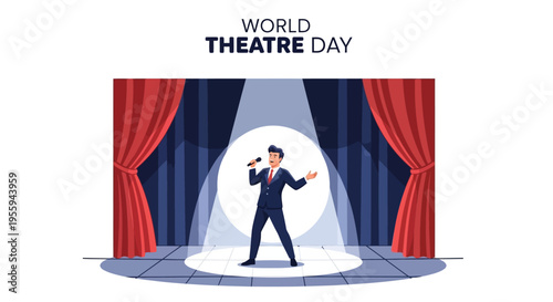 Illustration of a man performing on a stage with red curtains for World Theatre Day, a celebration of theater arts and live performances.