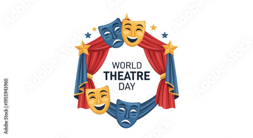 Vector illustration of World Theatre Day design with comedy and tragedy masks, red curtains, and star decorations on a colorful background.