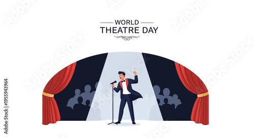 Illustration of a performer on stage with a microphone, celebrating World Theatre Day with a theatre performance concept, against a white background with dramatic red curtains.