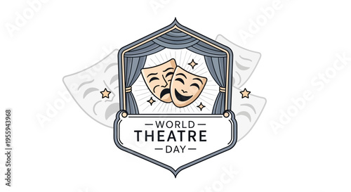 Vector illustration of a World Theatre Day design featuring comedy and tragedy masks in a shield emblem with a banner on a white background.
