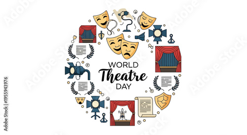 Vector illustration celebrating World Theatre Day with theatre-themed icons and symbols arranged in a circular design on a white background.