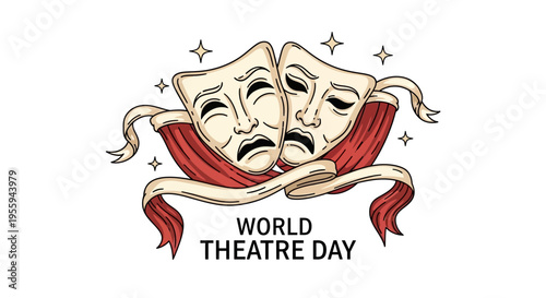 Vector illustration of comedy and tragedy masks on a red ribbon with 'World Theatre Day' text on a white background, symbolizing performing arts celebration and theater arts concept.