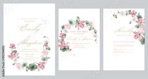 Wedding invitation suite featuring watercolor-style pink lotus flowers and green lily pads on a solid white background