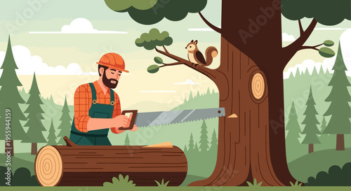 Lumberjack cutting tree with handsaw in forest illustration