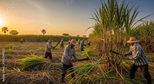 Farmers harvesting sugarcane at sunset in a rural field with workers and trees