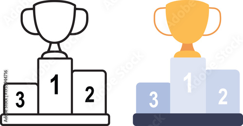 Winner podium with trophy set, flat and outline vector illustration of sports pedestal with first second and third place ranking isolated on white background