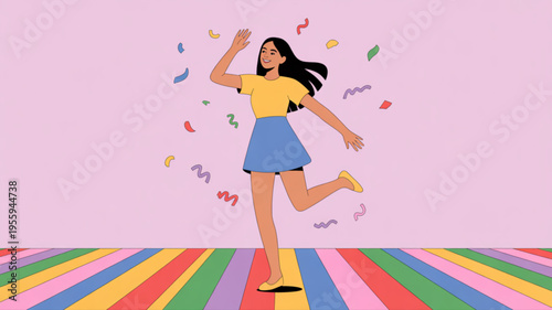 Woman dancing on colorful striped floor with confetti celebrating joy and happiness in a vibrant party atmosphere with festive decorations