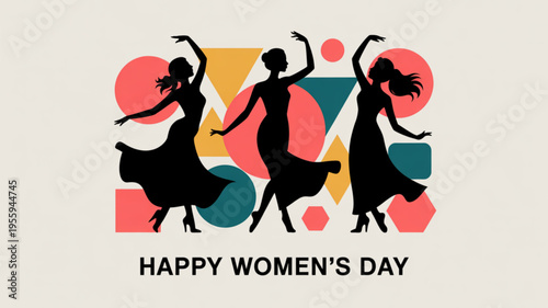 Three dancing women silhouettes celebrate happy women's day with colorful geometric shapes