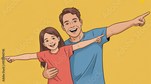 Smiling father and daughter pointing sideways together in colorful illustration with yellow background