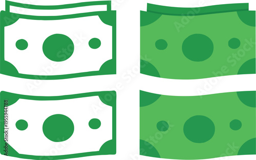 Green paper money cash and banknotes flat icons set, vector.
