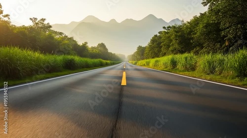 Beautiful long open road stretching into foggy mountain horizon