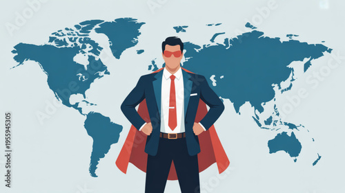 Confident businessman in suit and red cape standing in front of world map background symbolizing global leadership and success