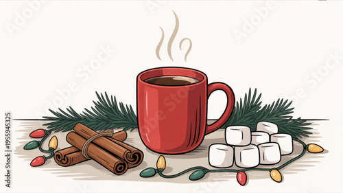 Warm red mug of hot chocolate with marshmallows cinnamon sticks and festive lights on a cozy winter background