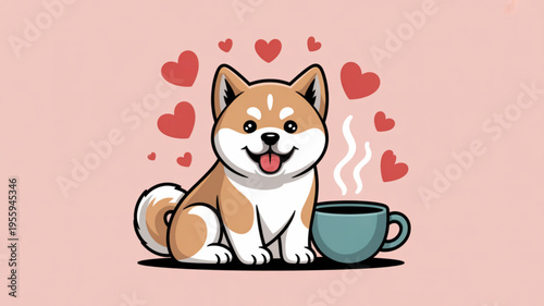 Cute shiba inu dog sitting with steaming cup of coffee surrounded by hearts on pink background