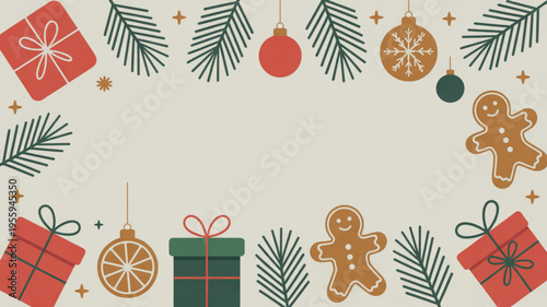 Festive christmas border with gifts gingerbread men and ornaments on beige background for holiday decoration