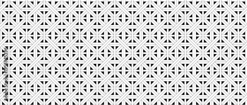 Black and white geometric lattice pattern with interwoven diagonal lines. Seamless basket weave texture with repeating grid design. Monochrome decorative background.