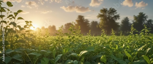 Soybean plants in a lush green field with sunlight filtering through leaves ,  farm,  agriculture,  nature