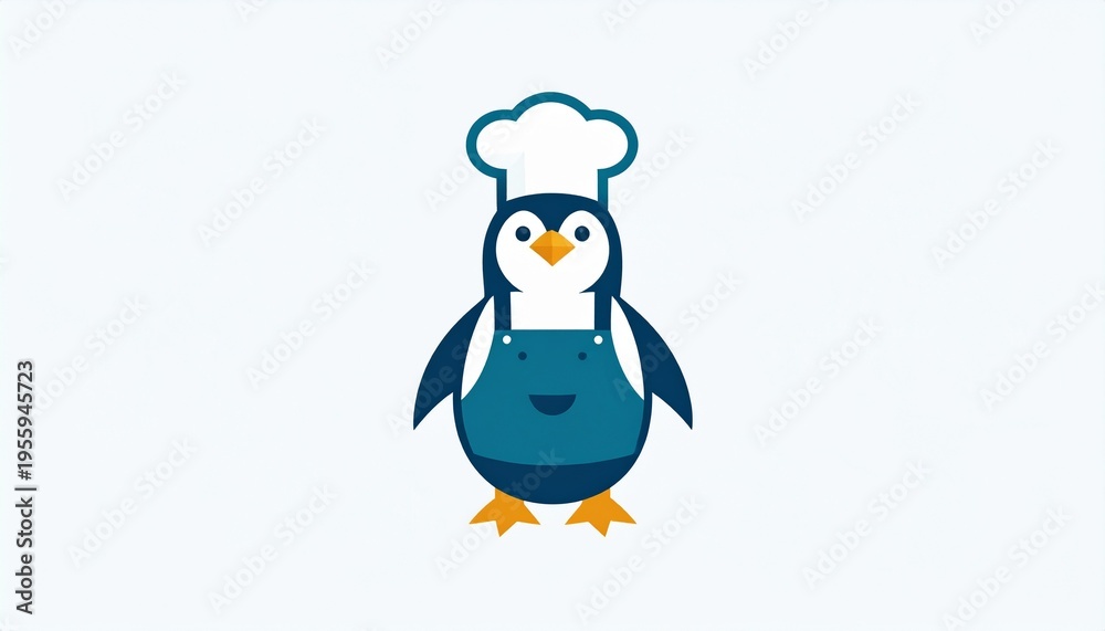 Fototapeta premium Charming chef penguin cartoon mascot illustration, a delightful and bold emblem perfect for culinary ventures, restaurant branding, and cooking-themed projects