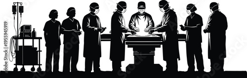 Surgical team silhouette performing operation in hospital operating room, doctors and nurses around patient table with medical equipment, healthcare surgery concept vector illustration