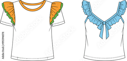 Technical fashion illustration of two women’s tops with ruffled sleeves, bow detail, and decorative trim, symbolizing clothing design, apparel style, garment construction, 