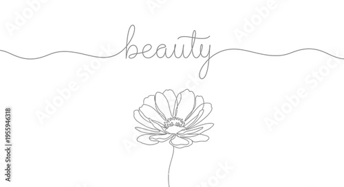 Elegant Single Line Drawing of 'Beauty' Text and Blooming Flower