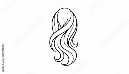 Elegant Wavy Hair Illustration - Black and White Line Art