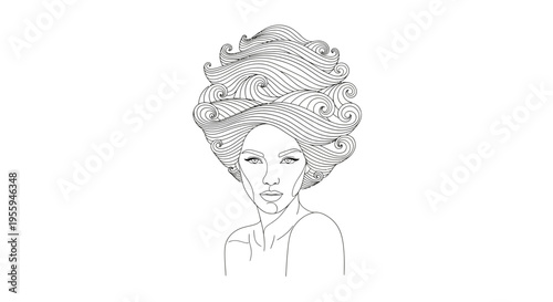 Elegant Woman Portrait, Abstract Wavy Hair, Minimalist Line Art, Black and White