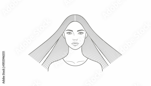 Elegant Woman Portrait with Flowing Long Hair, Minimalist Line Art Style