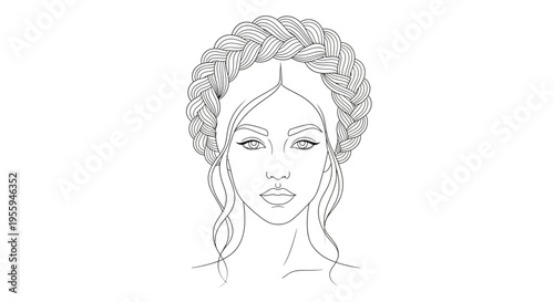 Elegant Woman Portrait with Crown Braid Hairstyle, Line Art Drawing