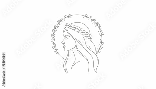 Elegant Woman Profile Line Art with Laurel Wreath Halo, Minimalist Beauty Illustration