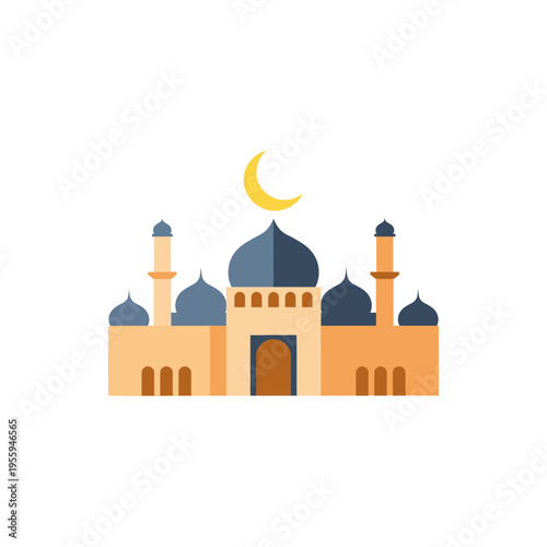 Mosque Building with Moon in Islamic Design