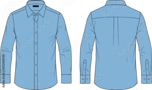Technical flat sketch of long‑sleeve button‑up shirt with collar, cuffs, placket, and pleat, front and back views for fashion design, garment construction, and apparel illustration.