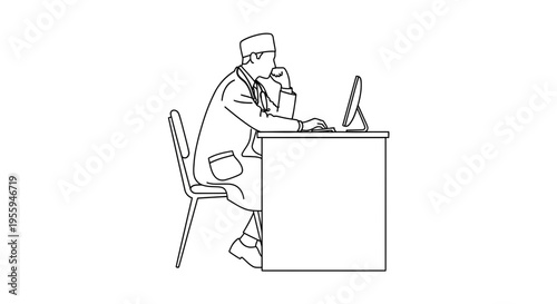 Doctor working on computer at desk, thoughtful pose, medical professional