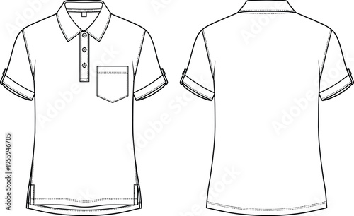 Technical flat sketch of short‑sleeve polo shirt with collar, button placket, chest pocket, rolled sleeves, curved hem, and back pleat, front and rear apparel design views.