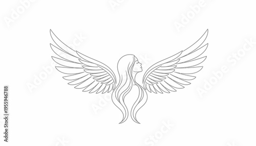 Elegant Angelic Woman with Flowing Hair and Majestic Wings Silhouette