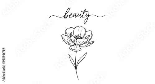 Elegant Beauty Text with Delicate Flower Illustration, Minimalist Floral Design
