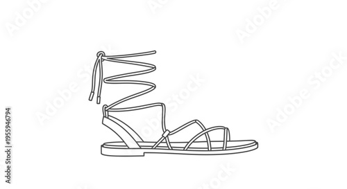 Elegant Black and White Line Art of a Strappy Gladiator Sandal with Lace-Up Ankle Ties