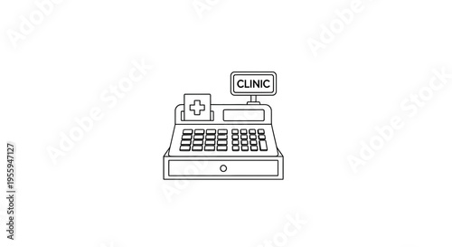 Clinic Cash Register with Medical Cross Icon and 'Clinic' Sign