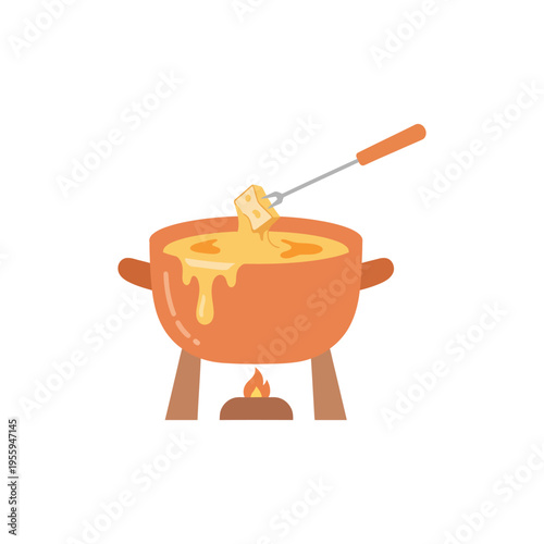 Fondue Set with Melted Cheese and Piece on Fork