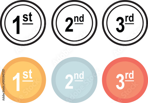 Winner ranking badges set, flat vector illustration of 1st 2nd and 3rd place medals in black outline and colored circles isolated on white background