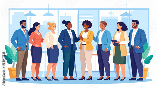 Plus Size Business Team Standing Together Communicating Flat Vector Illustration