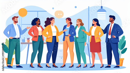 Plus Size Business Team Standing Together Communicating Flat Vector Illustration