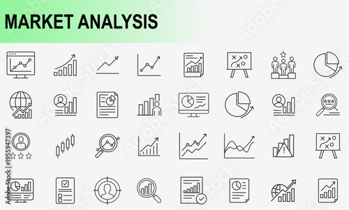 Market analysis and business data statistics line icons set, vector.