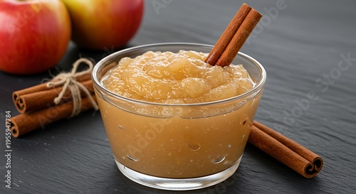 a small glass bowl of homemade sugar-free applesauce with a cinnamon stick,suggesting a clean,healthy dessert.