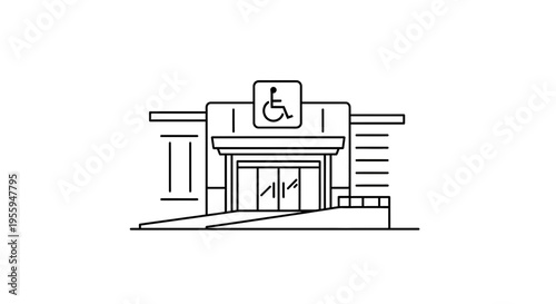 Accessible building entrance with ramp and wheelchair symbol, modern architecture, inclusive design